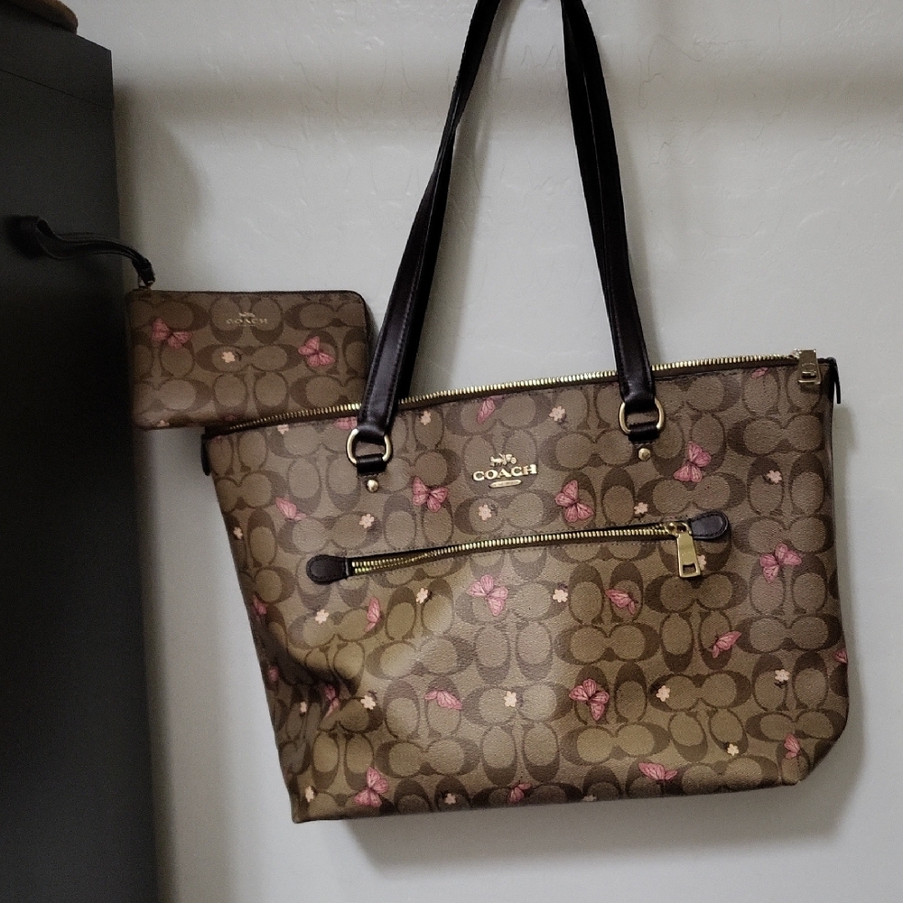 Coach Brown and Pink Butterfly Tote Bag With Matching Wristlet